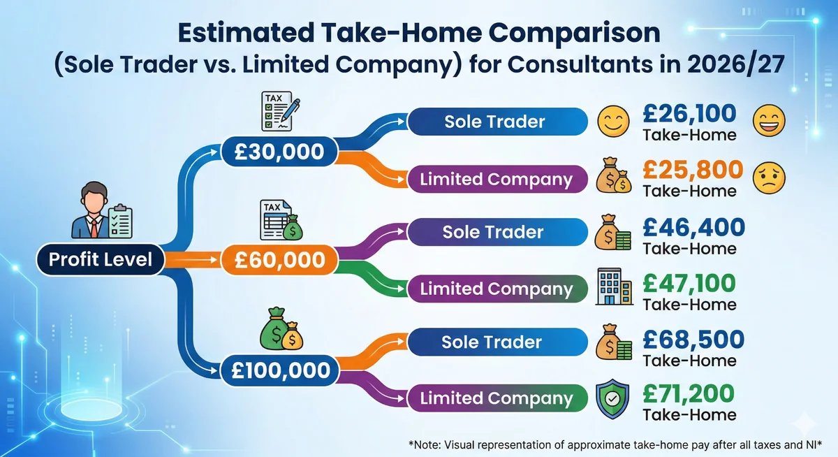 Consultant take-home pay comparison: limited company vs sole trader 2026