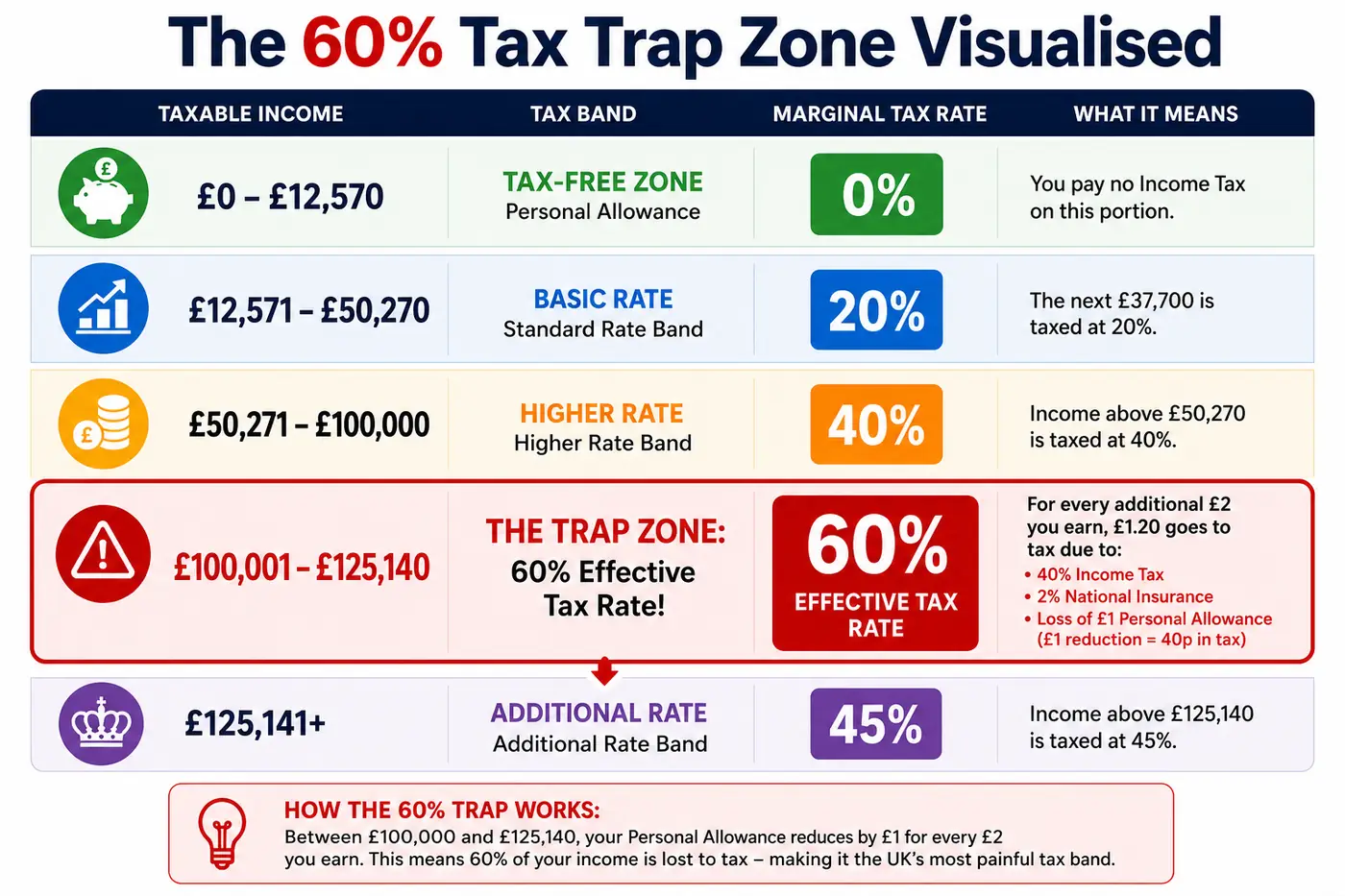 Infographic explaining UK income tax bands including the 60% effective tax trap between £100,000 and £125,140 caused by the loss of personal allowance, aimed at locum doctors and high-income professionals.