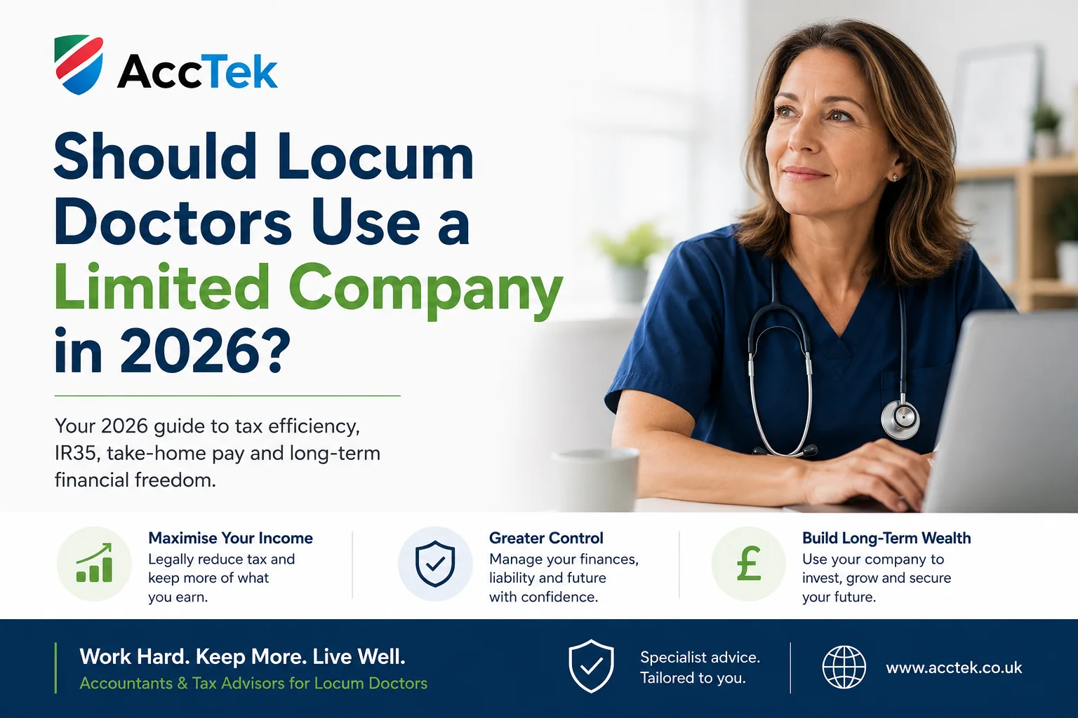 Female locum doctor reviewing whether to use a limited company in 2026 with tax planning advice from AccTek accountants