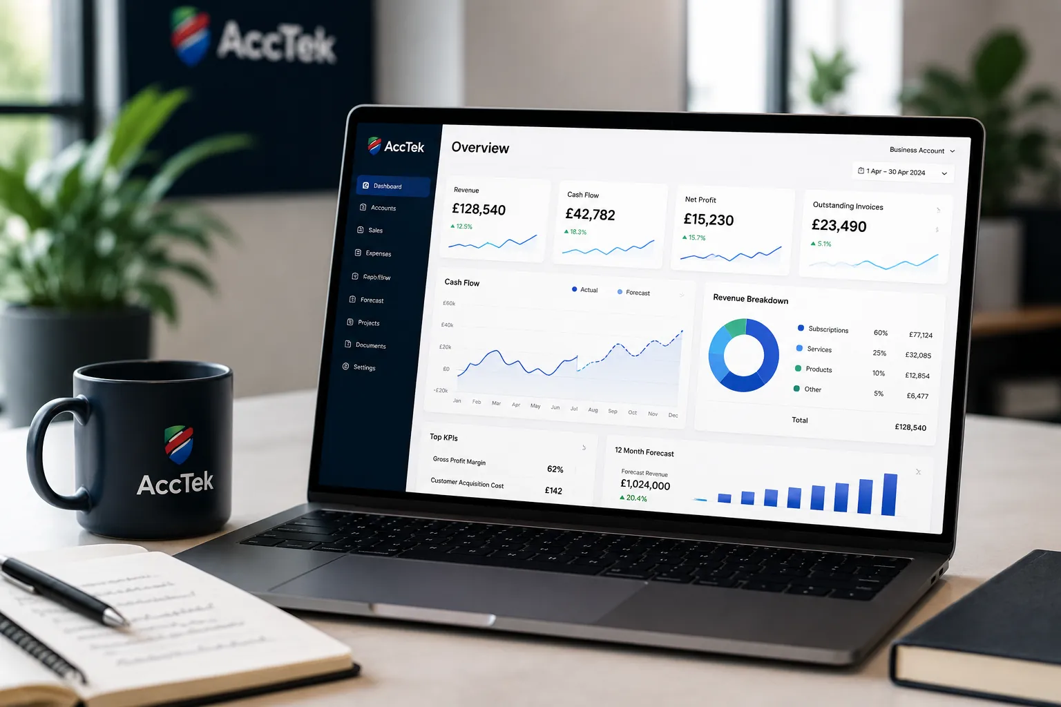 AccTek financial dashboard showing real-time revenue, cash flow, net profit and forecasting for UK startup clients