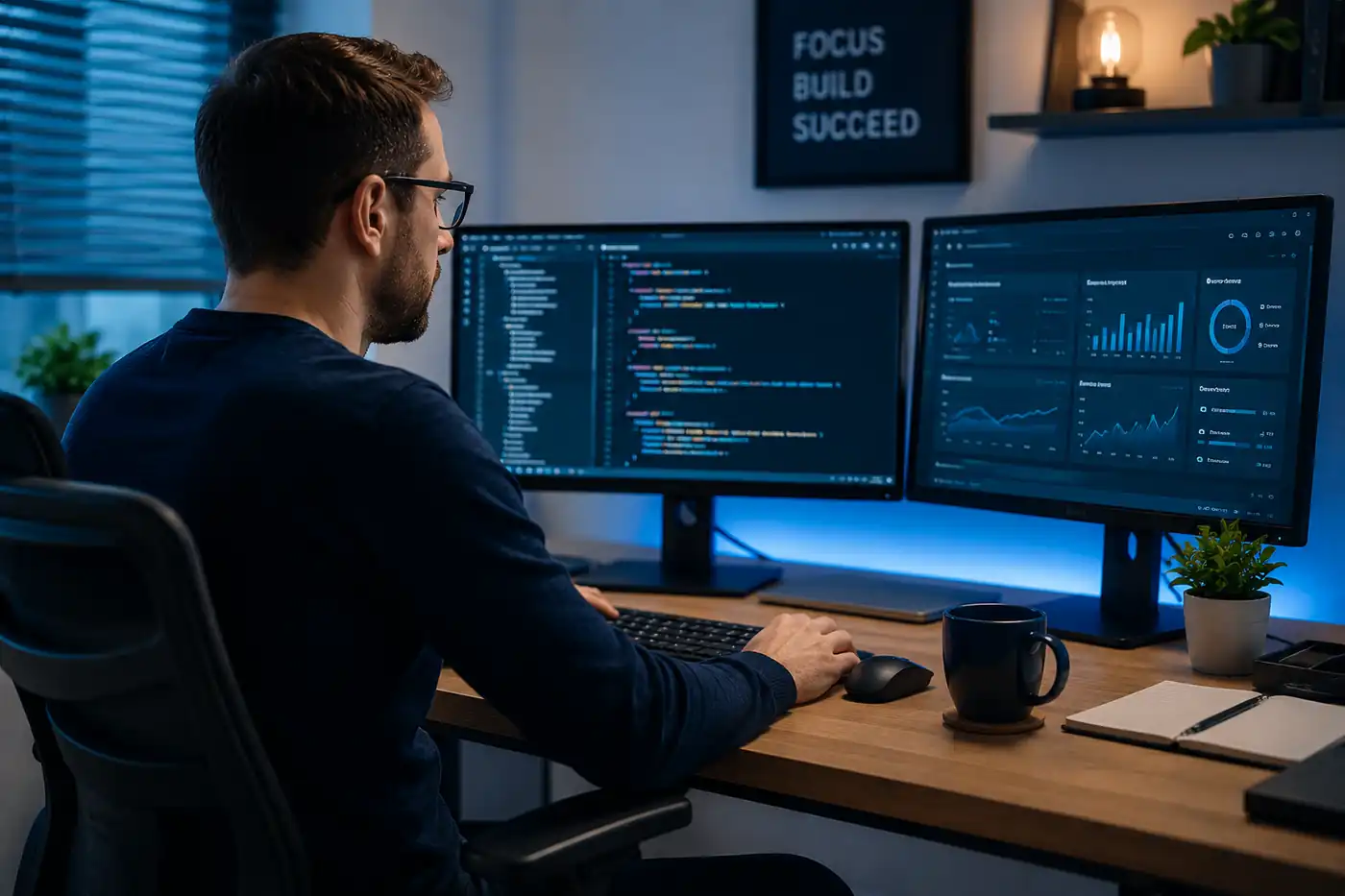 IT contractor working at home office desk with dual monitors — tax planning 2026