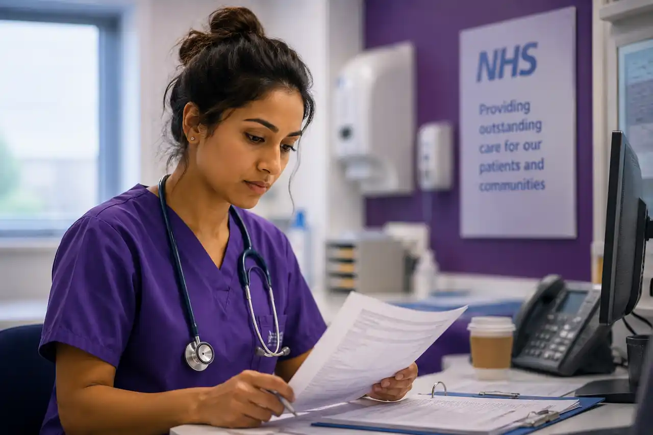 Locum doctor in NHS scrubs reviewing paperwork at desk — tax and pension planning 2026