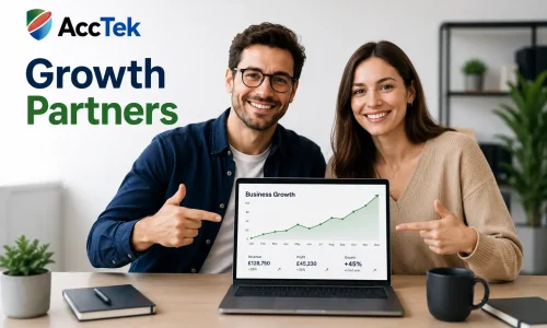 Growth Partners for UK Startups | AccTek startup founders reviewing business growth graph with AccTek growth partners branding